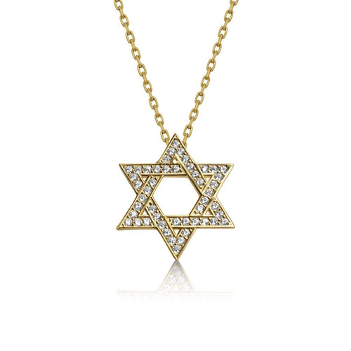 Gold plated Star of David necklace with cubic zircon gemstones, adjustable 16" + 2" chain, symbolizing faith and heritage.