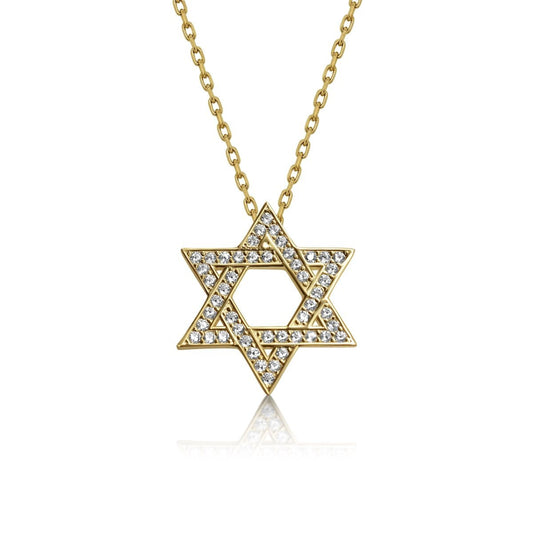 Gold plated Star of David necklace with cubic zircon gemstones, adjustable 16" + 2" chain, symbolizing faith and heritage.