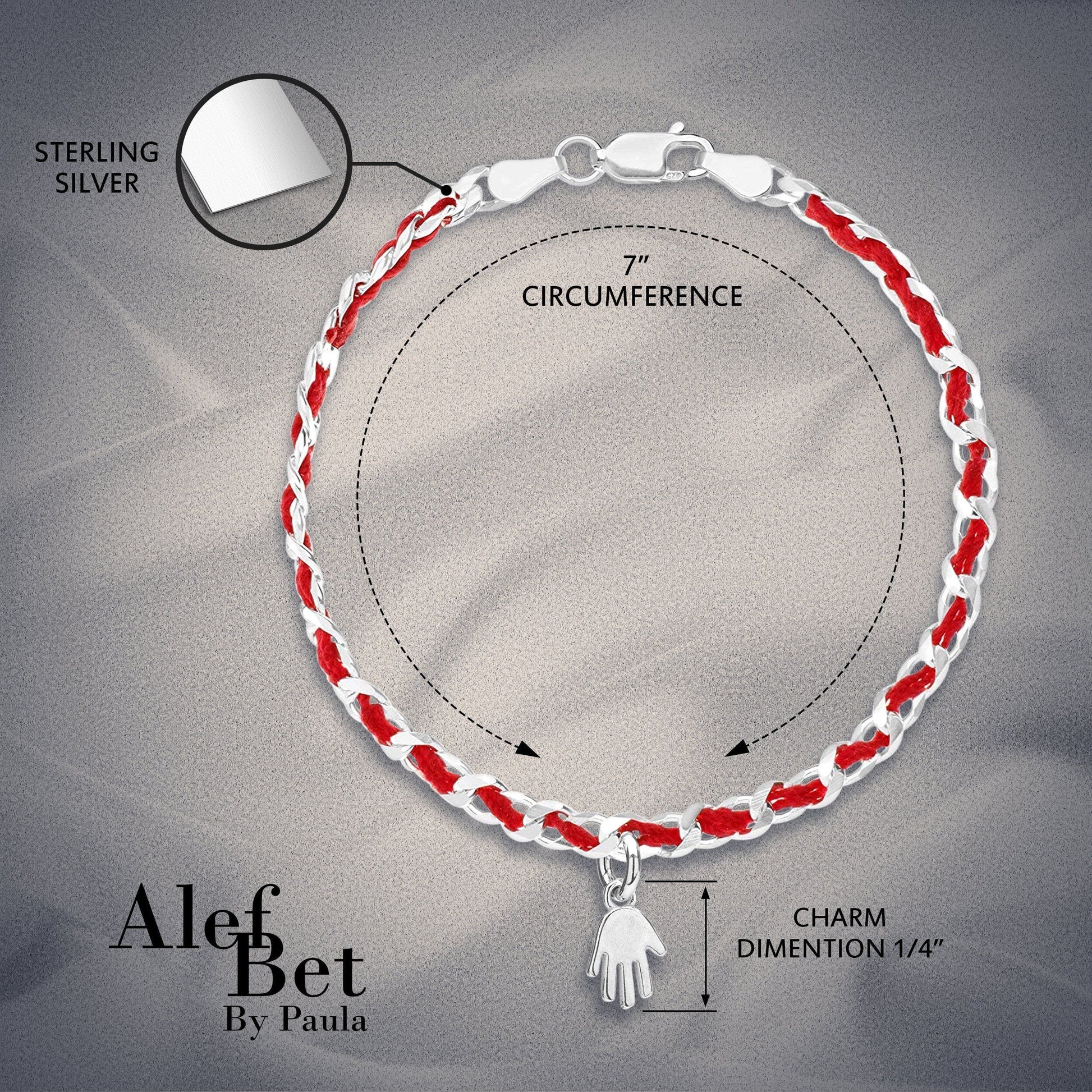 A sterling silver bracelet featuring a hamsa charm on a red string, symbolizing protection and good wishes. Durable and gift-ready.