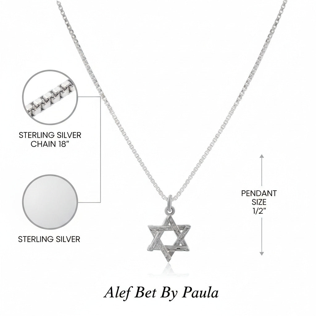 Small sterling silver star of David necklace layering style, angled view by Alef Bet