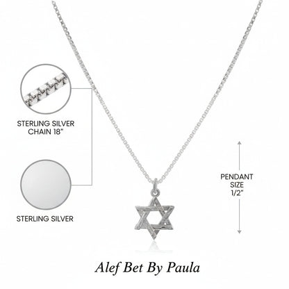 Small sterling silver star of David necklace layering style, angled view by Alef Bet
