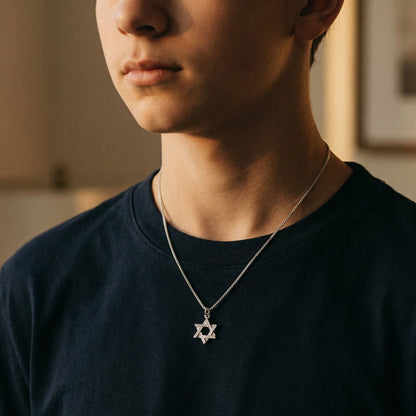 Sterling silver star of David pendant on 16-inch chain with satin finish by Alef Bet