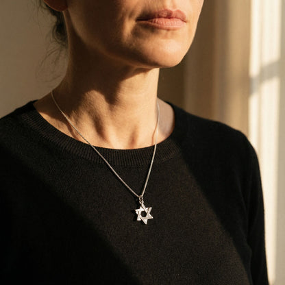 Delicate star of David necklace in polished sterling silver, close-up detail by Alef Bet