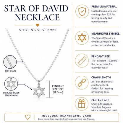 Small sterling silver star of David necklace layering style, angled view by Alef Bet