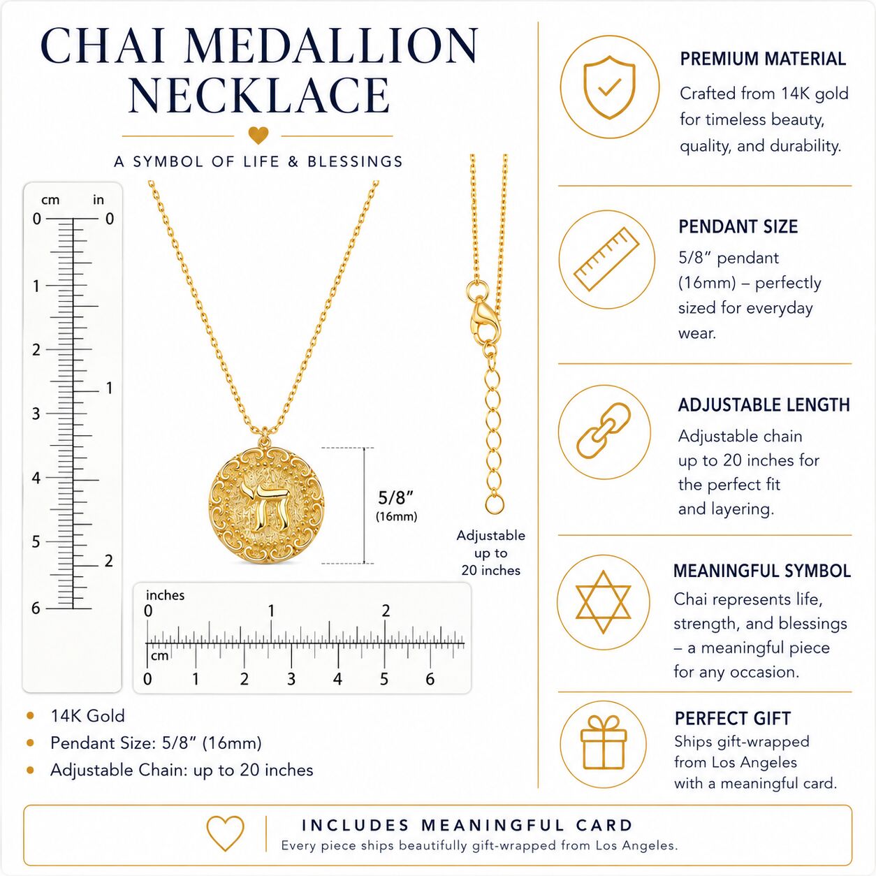Solid 14k gold chai Hebrew pendant on delicate adjustable chain by Alef Bet