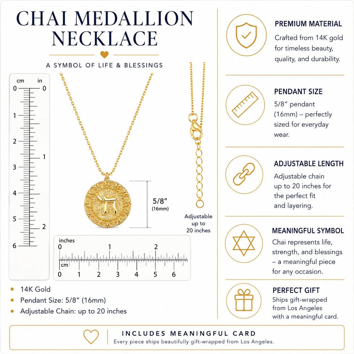 Solid 14k gold chai Hebrew pendant on delicate adjustable chain by Alef Bet