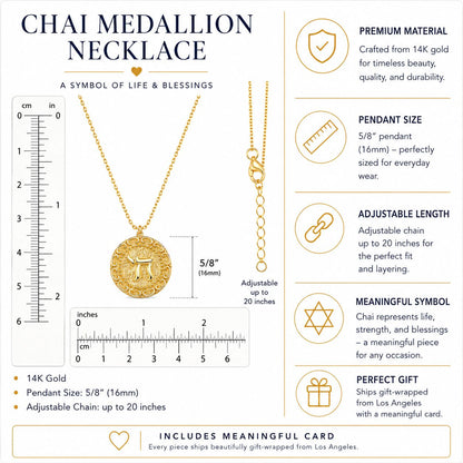 Solid 14k gold chai Hebrew pendant on delicate adjustable chain by Alef Bet