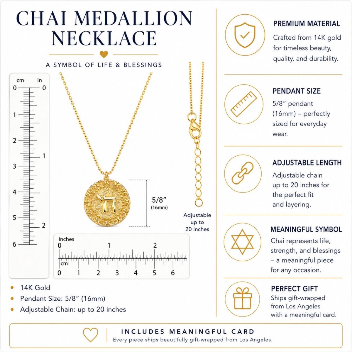 Solid 14k Gold Chai Necklace