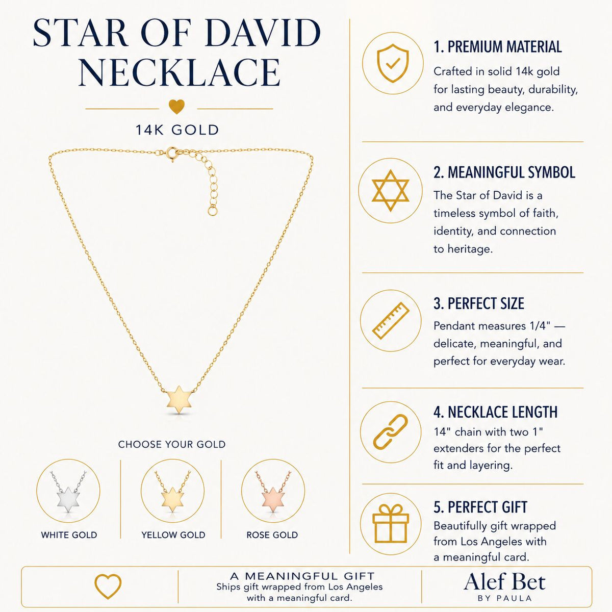 Jewish Star of David Necklace in Solid 14k Yellow Gold, a delicate symbol of faith you will cherish for generations