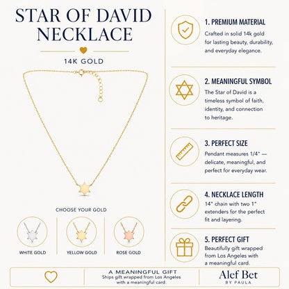 Jewish Star of David Necklace in Solid 14k Yellow Gold, a delicate symbol of faith you will cherish for generations