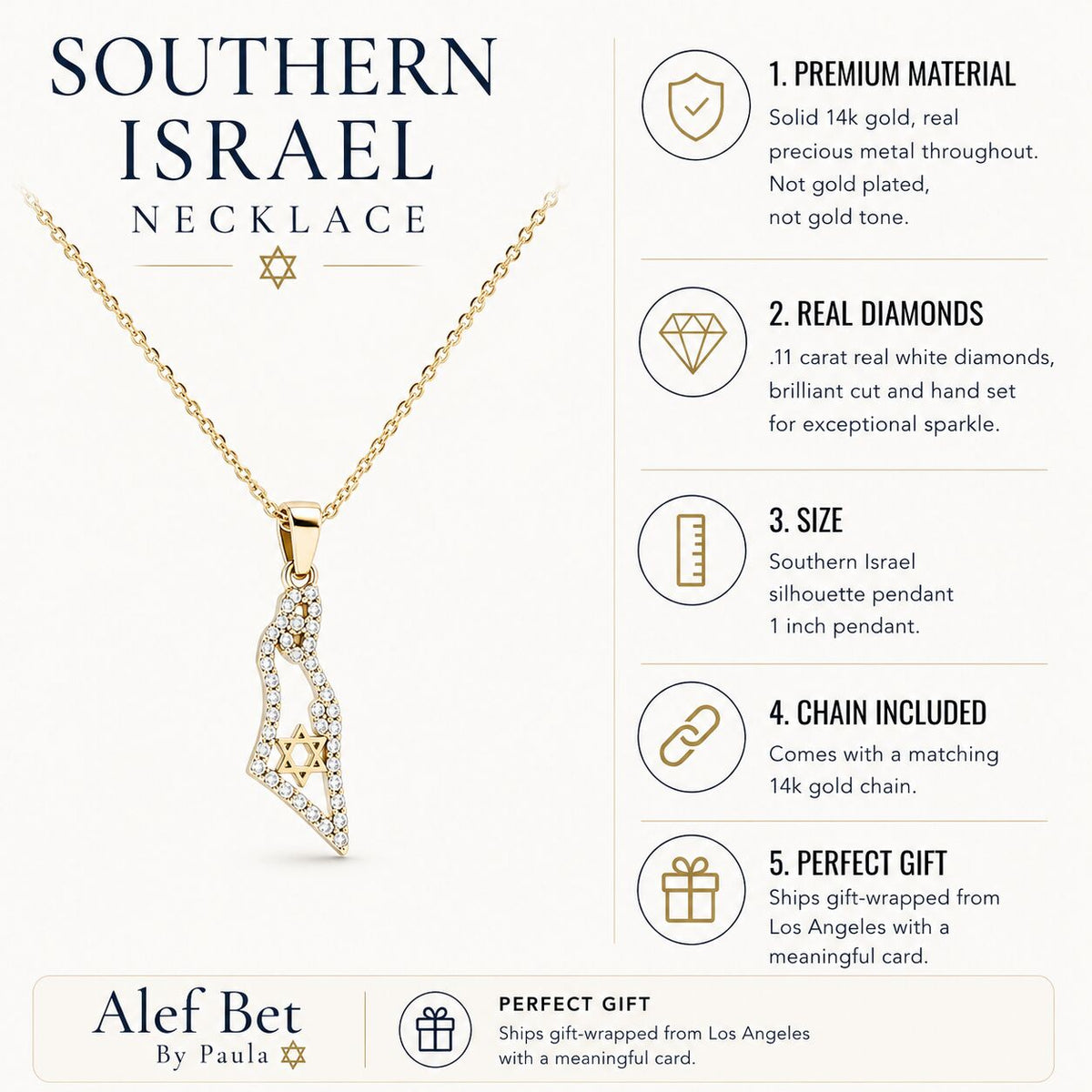 Southern Israel Map Necklace in Solid 14k Yellow Gold with Real Diamonds, the heirloom piece built to be passed down