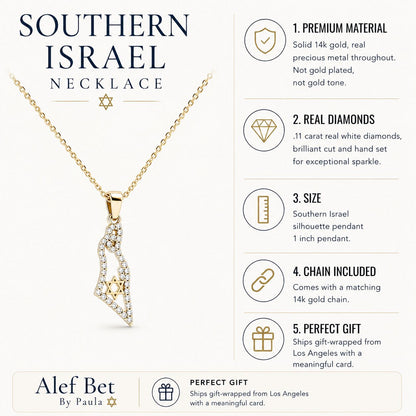 Southern Israel Map Necklace in Solid 14k Yellow Gold with Real Diamonds, the heirloom piece built to be passed down