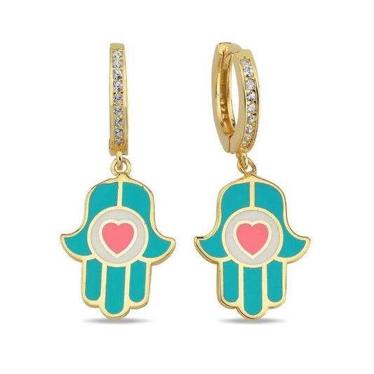 Sparkling Heart Hamsa Earrings Gold Plated | Alef Bet