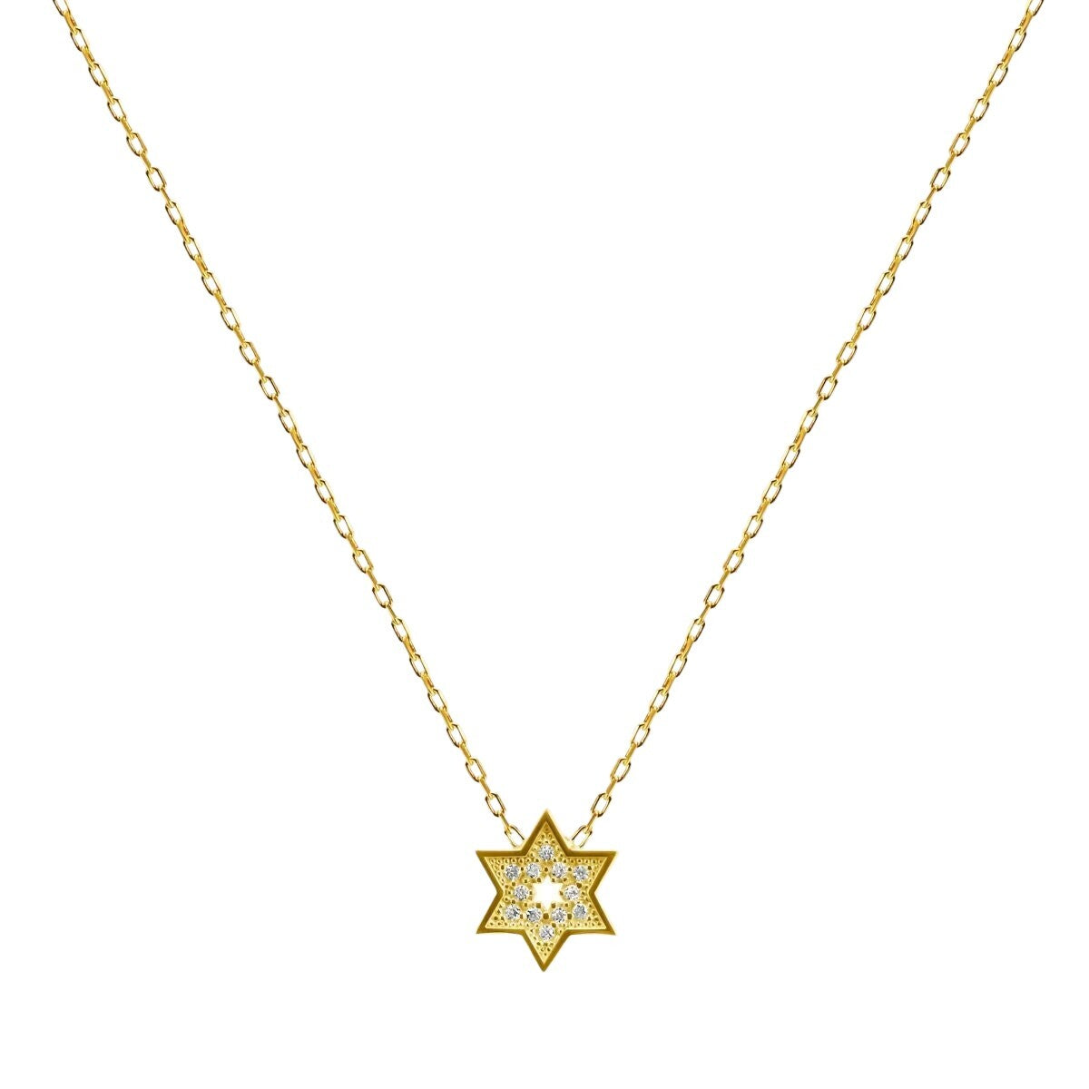 Star of David necklace in gold with cubic zirconia pave and cutout star detail by Alef Bet