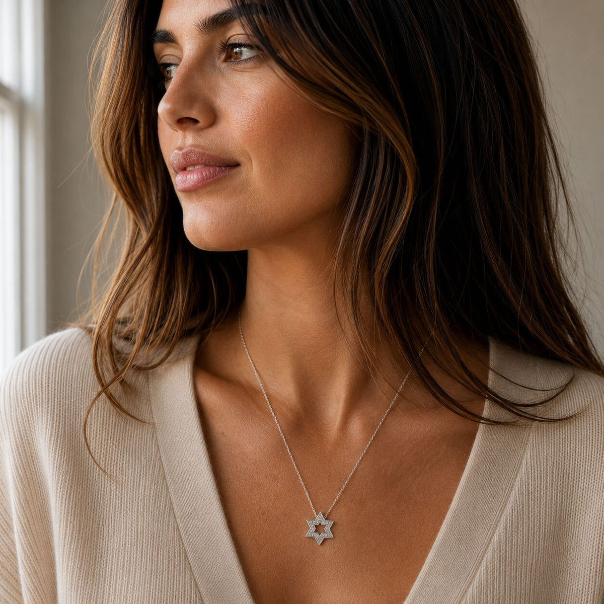Sterling silver necklace featuring pave cubic zirconia Star of David with cutout accent by Alef Bet