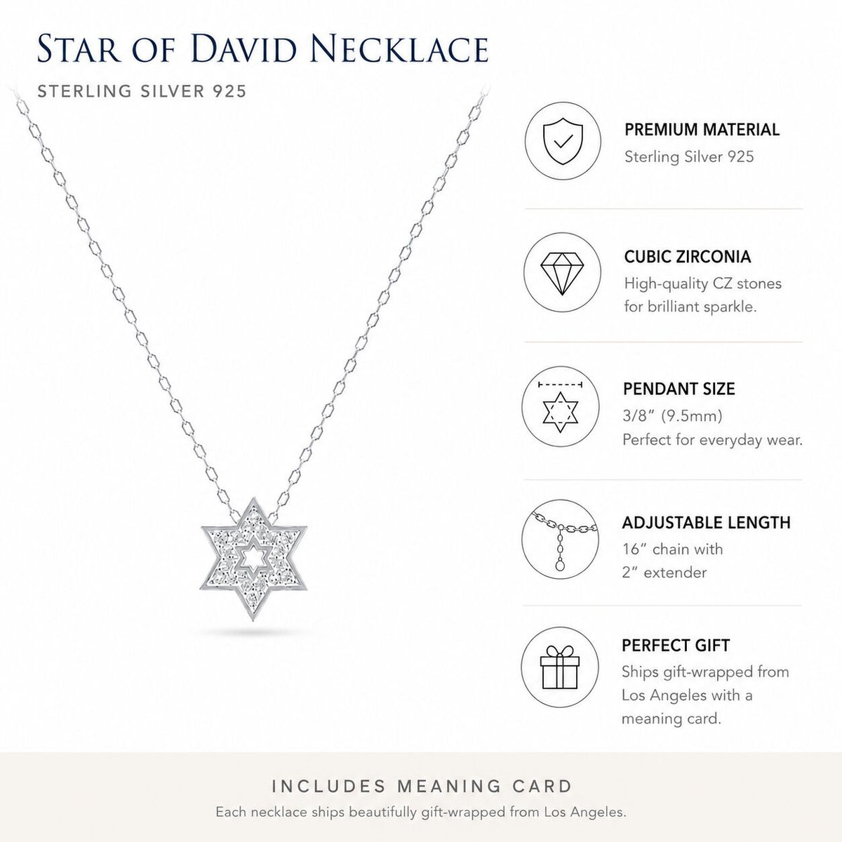 High-polish sterling silver Star of David necklace with sparkling CZ and open star motif by Alef Bet