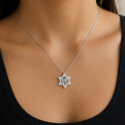 Star love necklace in silver with satin finish, angled side perspective by Alef Bet