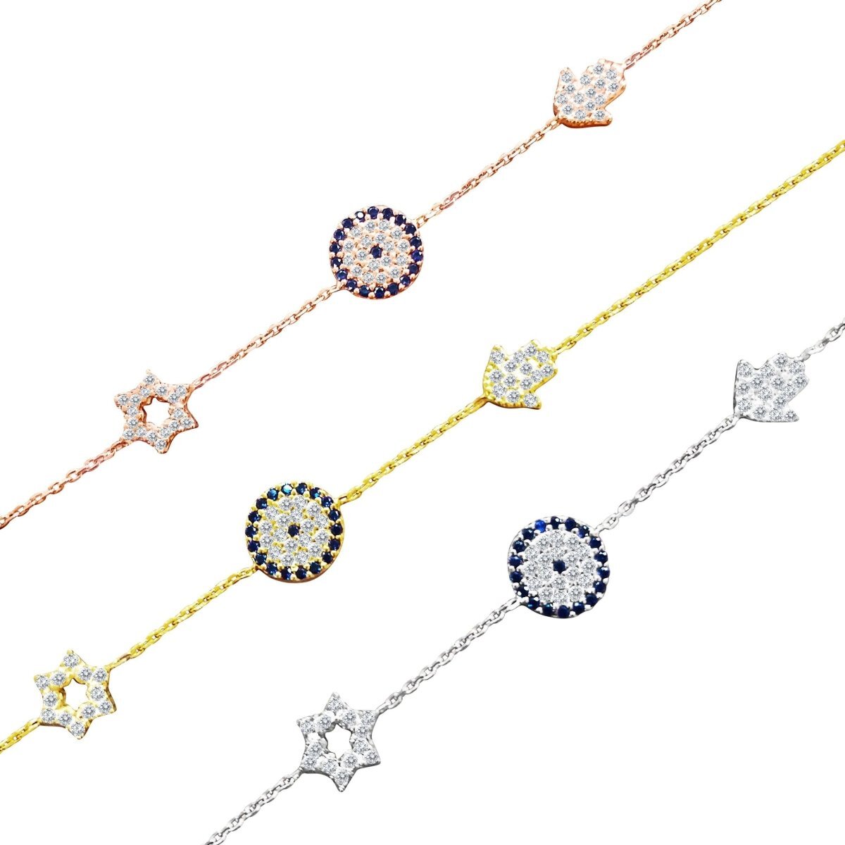 Star hamsa and evil eye bracelet in sterling silver with cubic zirconia accents by Alef Bet