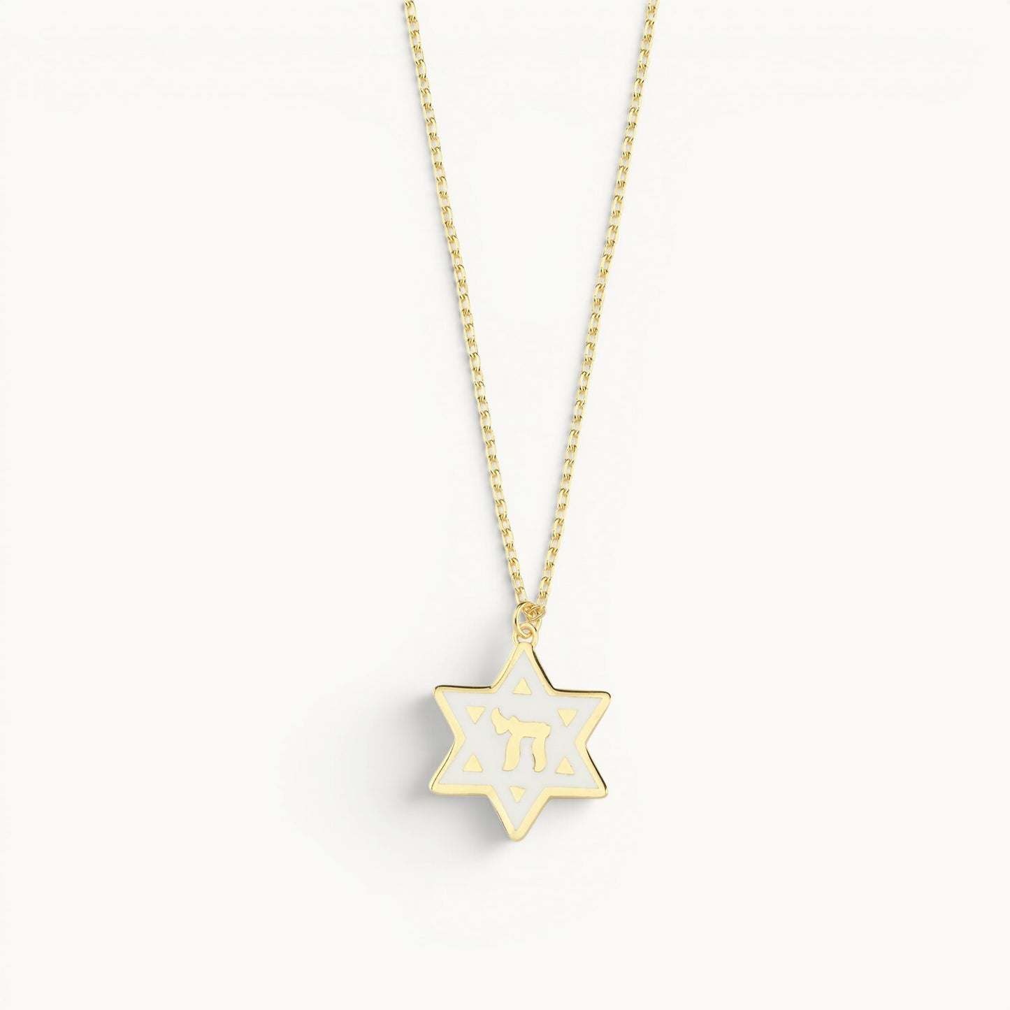 Star of David and Chai enamel necklace in white with colorful enamel detailing by Alef Bet