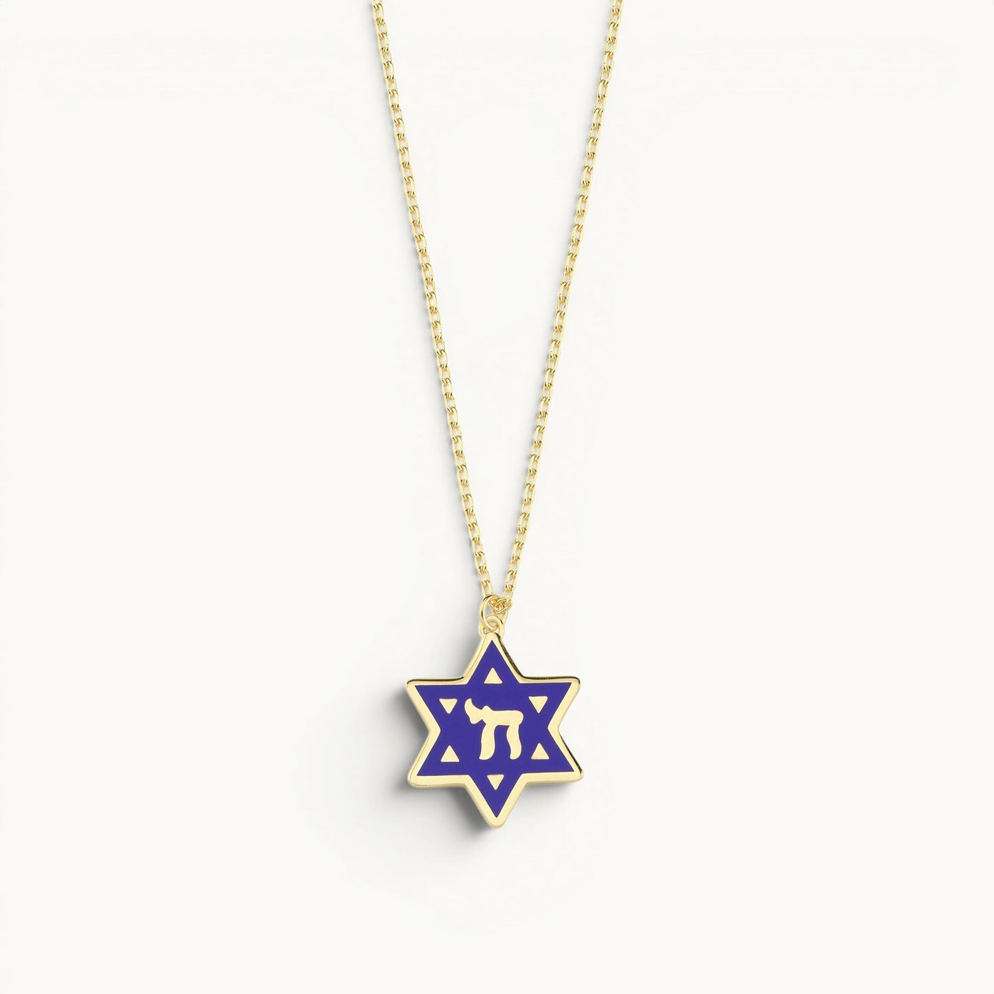 Star of David and Chai pendant necklace in navy blue colorful enamel by Alef Bet