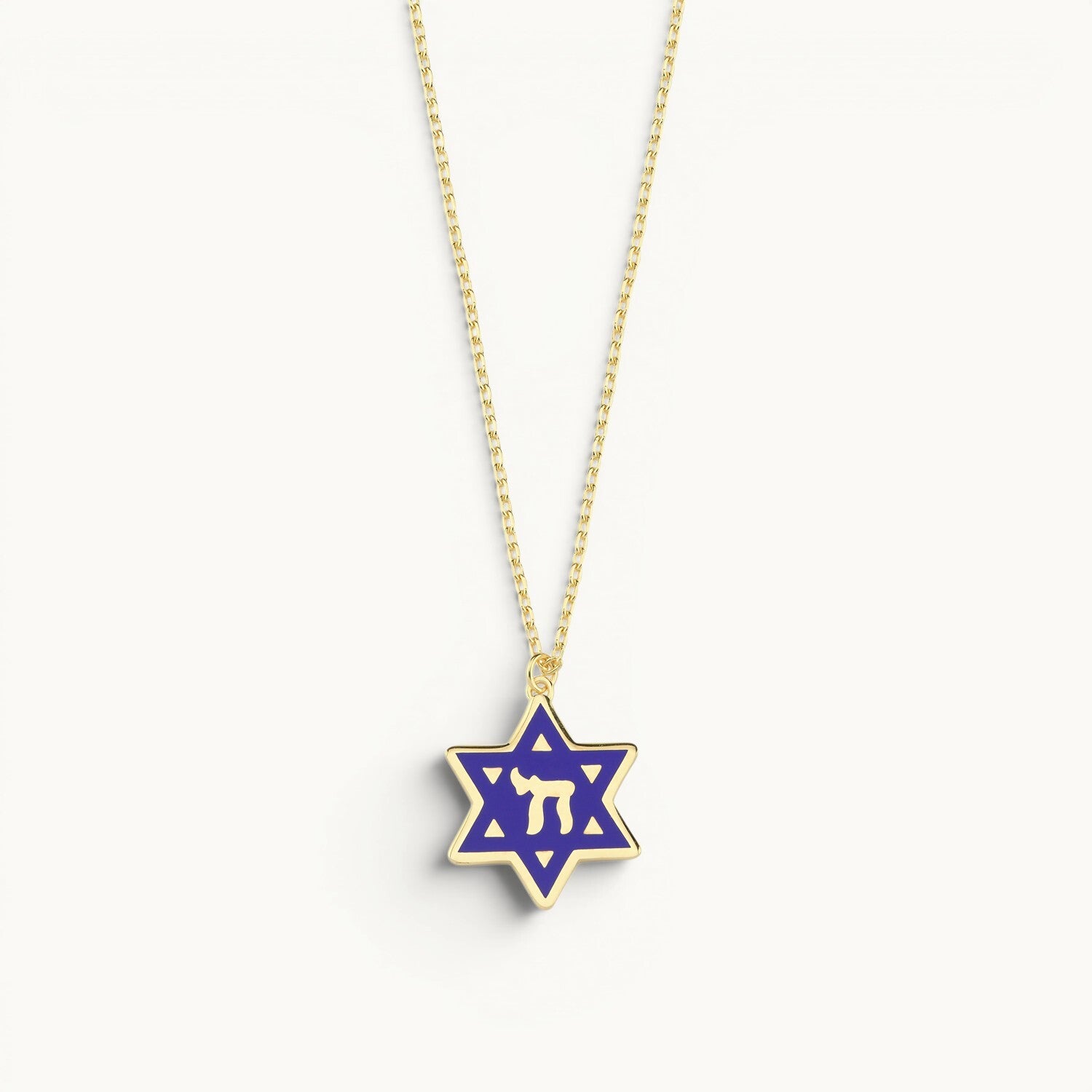 Star of David and Chai pendant necklace in navy blue colorful enamel by Alef Bet