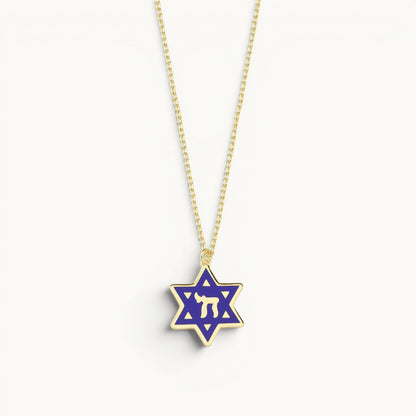 Star of David and Chai pendant necklace in navy blue colorful enamel by Alef Bet