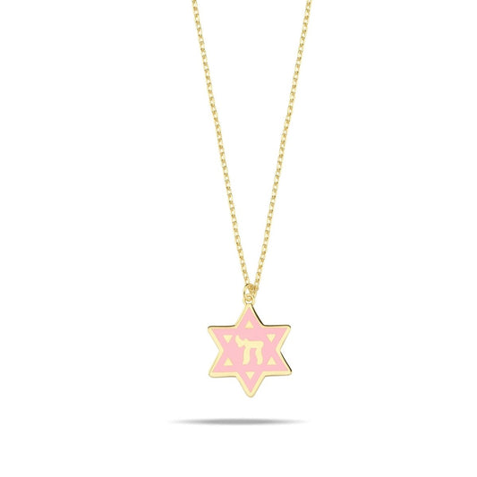 Star of David and Chai Necklace Enamel Gold | Alef Bet