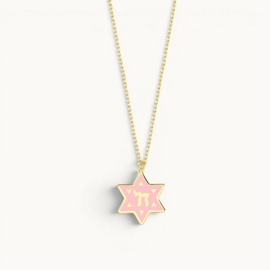 Star of David and Chai Necklace Enamel Gold | Alef Bet