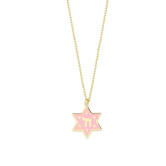 Star of David and Chai Necklace Enamel Gold | Alef Bet