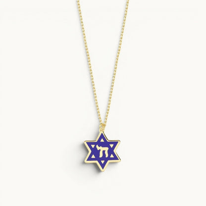 Star of David and Chai Necklace Enamel Gold | Alef Bet