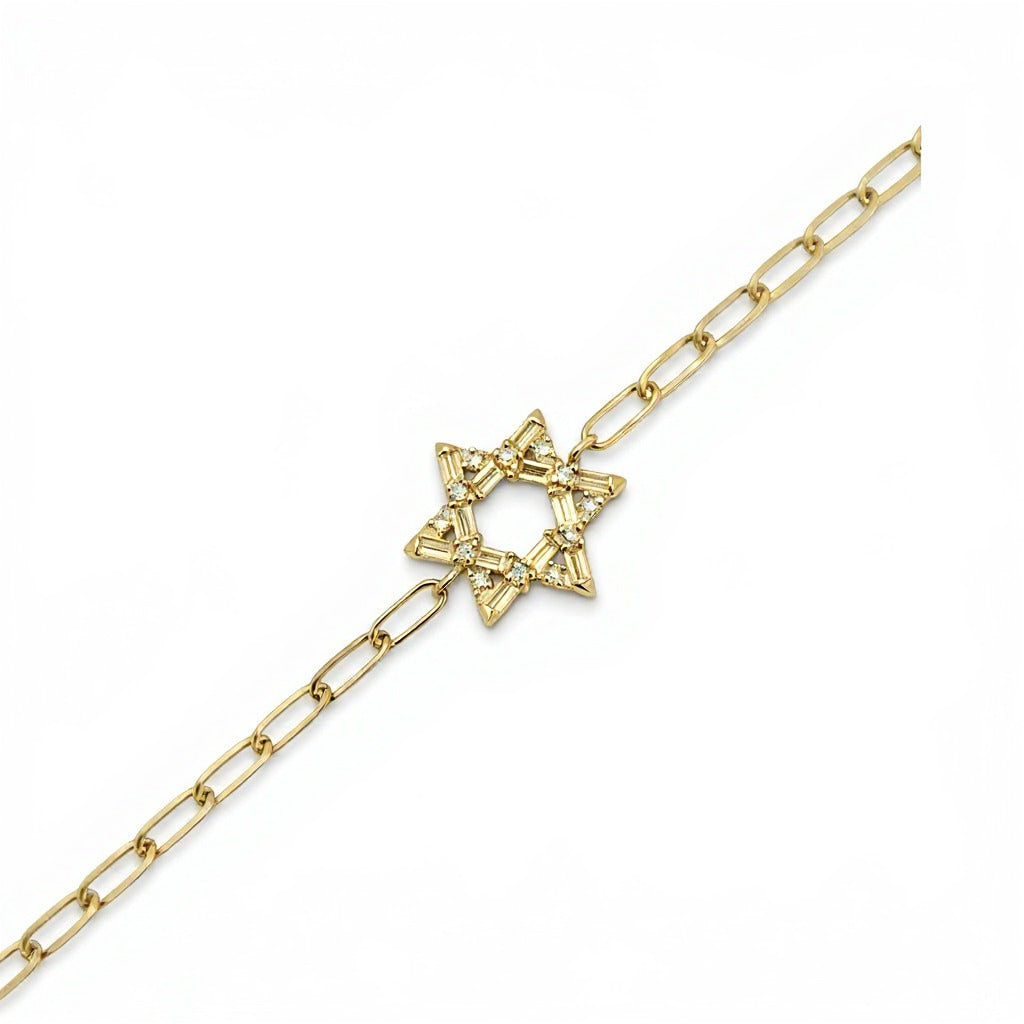 Silver or gold Star of David Baguette bracelet featuring baguette cz gemstones, adjustable from 5.75" to 7", showcasing modern elegance.