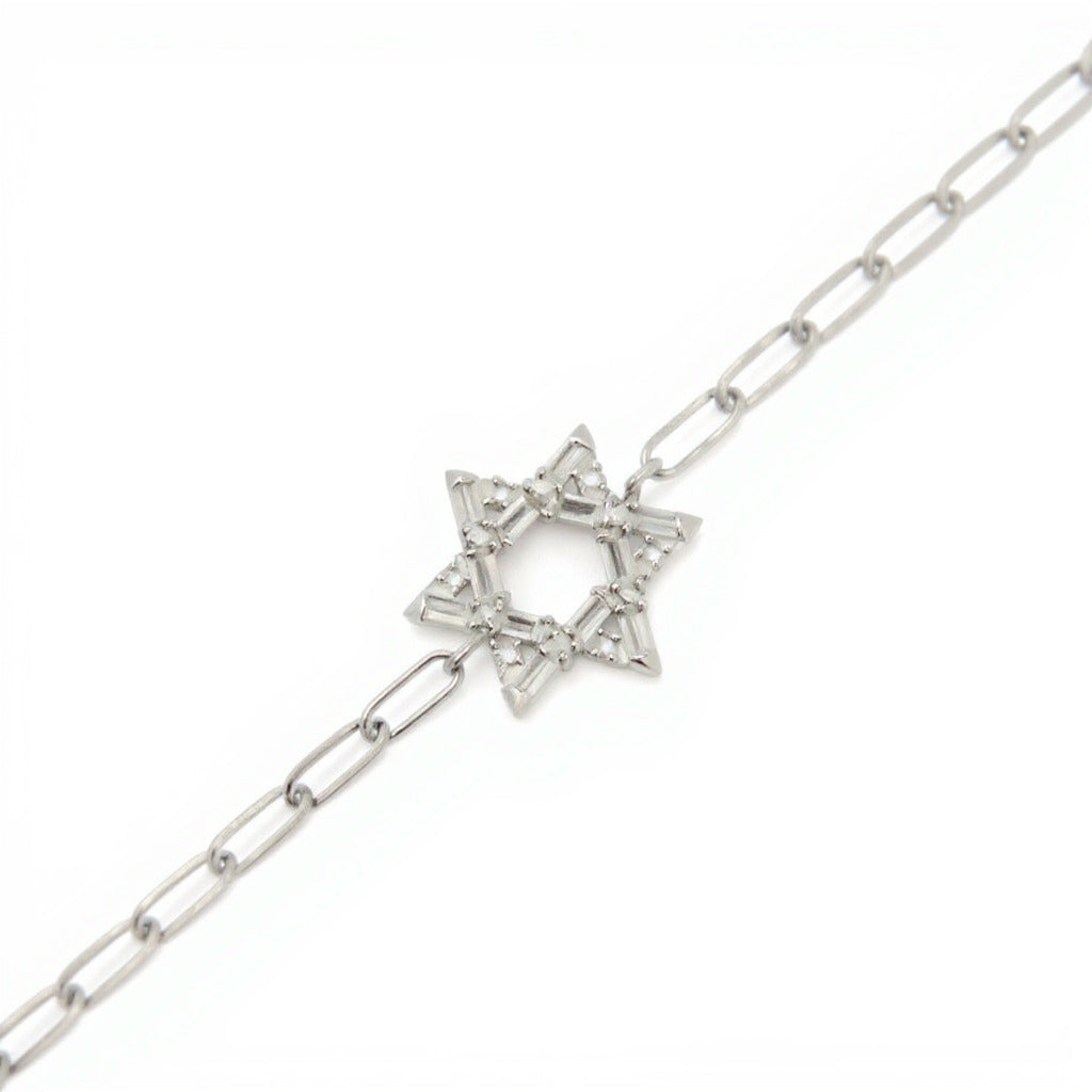 Silver or gold Star of David Baguette bracelet, featuring baguette cz gemstones and adjustable length from 5.75" to 7".