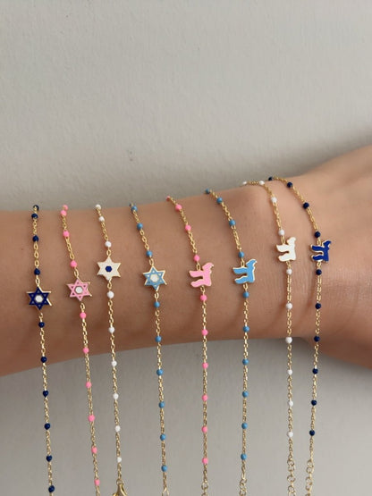 Star of David Beaded Bracelet and Necklace Set in 14k Gold Plated Sterling Silver 925, the Magen David from wrist to neckline
