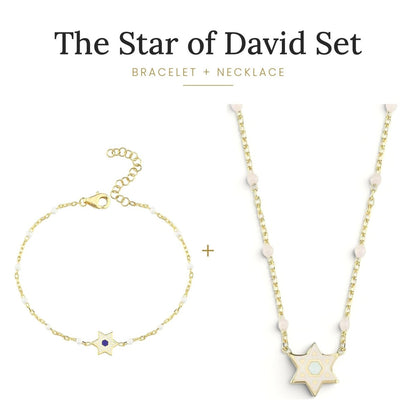Star of David Beaded Bracelet and Necklace Set in 14k Gold Plated Sterling Silver 925, the Magen David from wrist to neckline