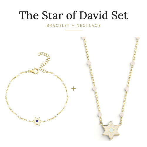 Star of David Beaded Bracelet and Necklace Set in 14k Gold Plated Sterling Silver 925, the Magen David from wrist to neckline