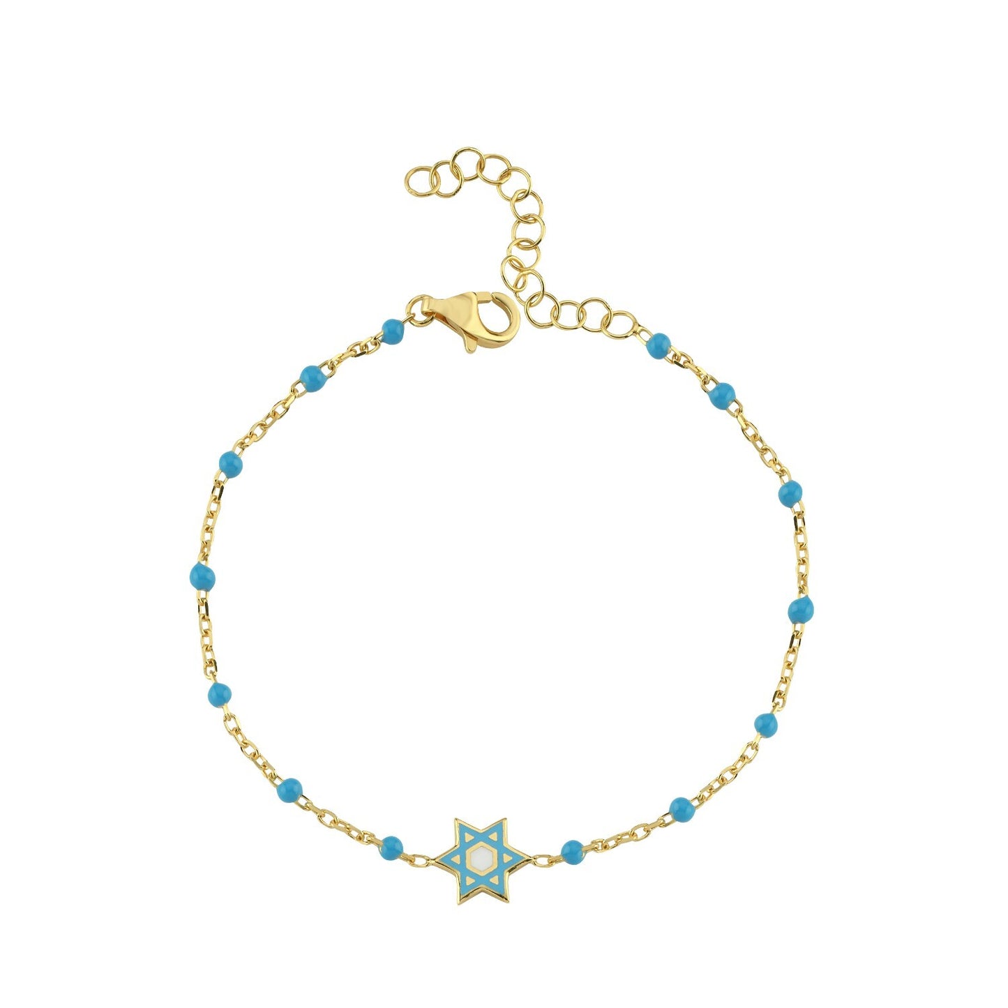 Yellow gold plated Jewish star bracelet with enamel inlay, side angle view by Alef Bet