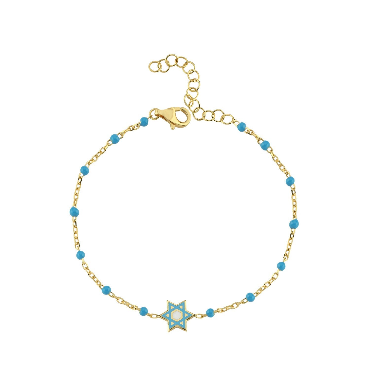 Yellow gold plated Jewish star bracelet with enamel inlay, side angle view by Alef Bet