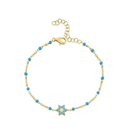 Yellow gold plated Jewish star bracelet with enamel inlay, side angle view by Alef Bet