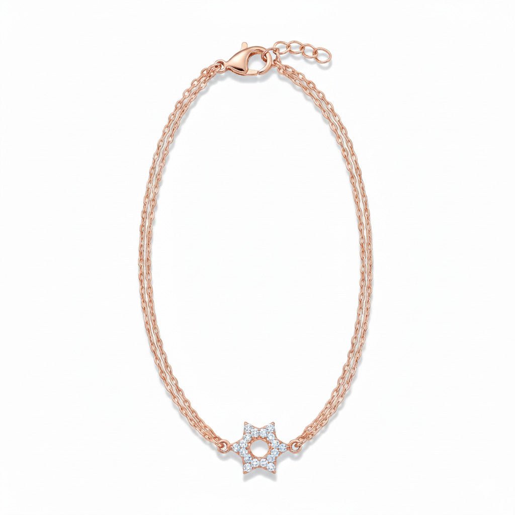 Star of David Bracelet Sterling Silver Double Chain CZ Pave Adjustable