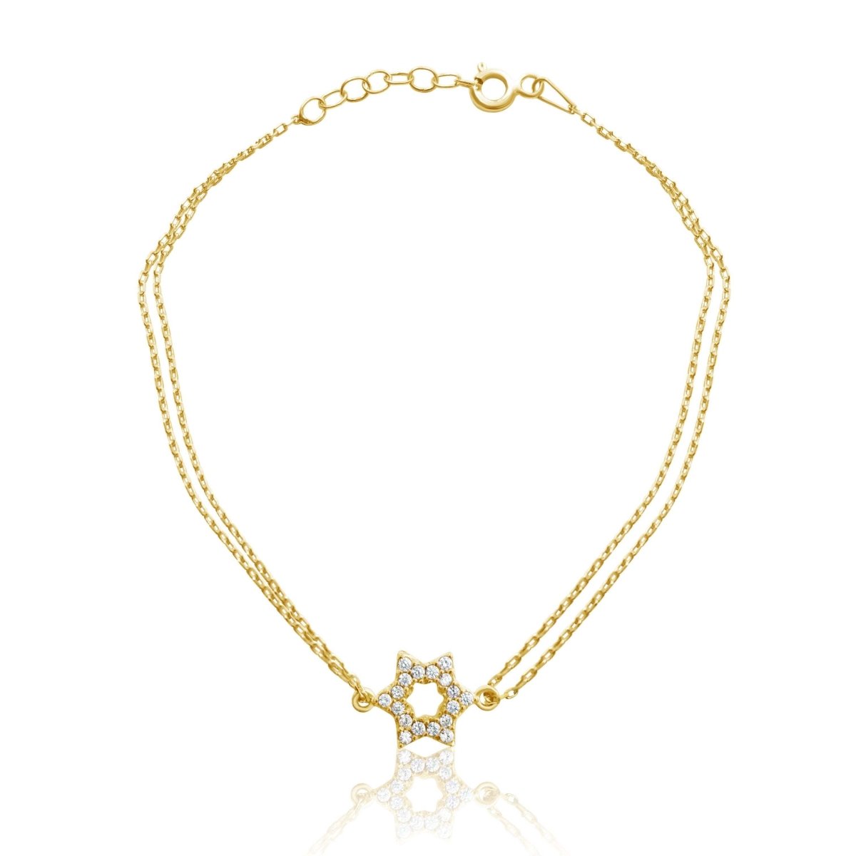 Star of David Bracelet Sterling Silver Double Chain CZ Pave Adjustable