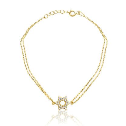 Star of David Bracelet Sterling Silver Double Chain CZ Pave Adjustable