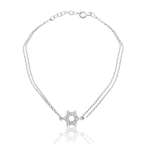 Star of David Bracelet Sterling Silver Double Chain CZ Pave Adjustable