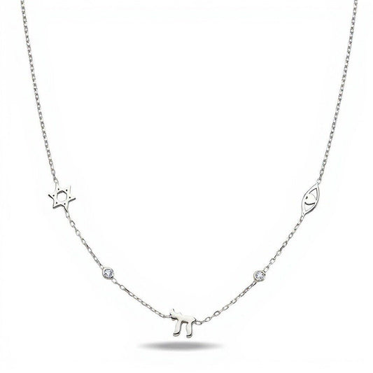 Star of David Chai Evil Eye Heart Charm Necklace in Sterling Silver 925