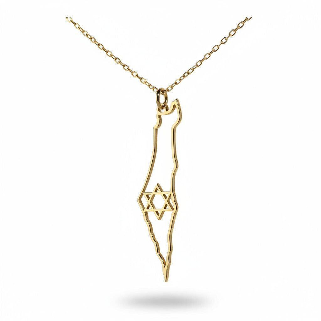 Star of David Cutout Israel Map Necklace in 14k Gold Plated Sterling Silver 925, minimalist Judaica for the modern Jewish woman