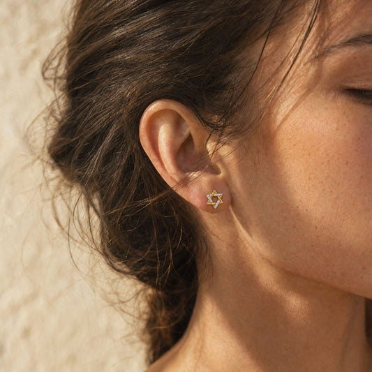 Star of David Earrings in 14k Yellow Gold with Diamonds, timeless elegance for every occasion