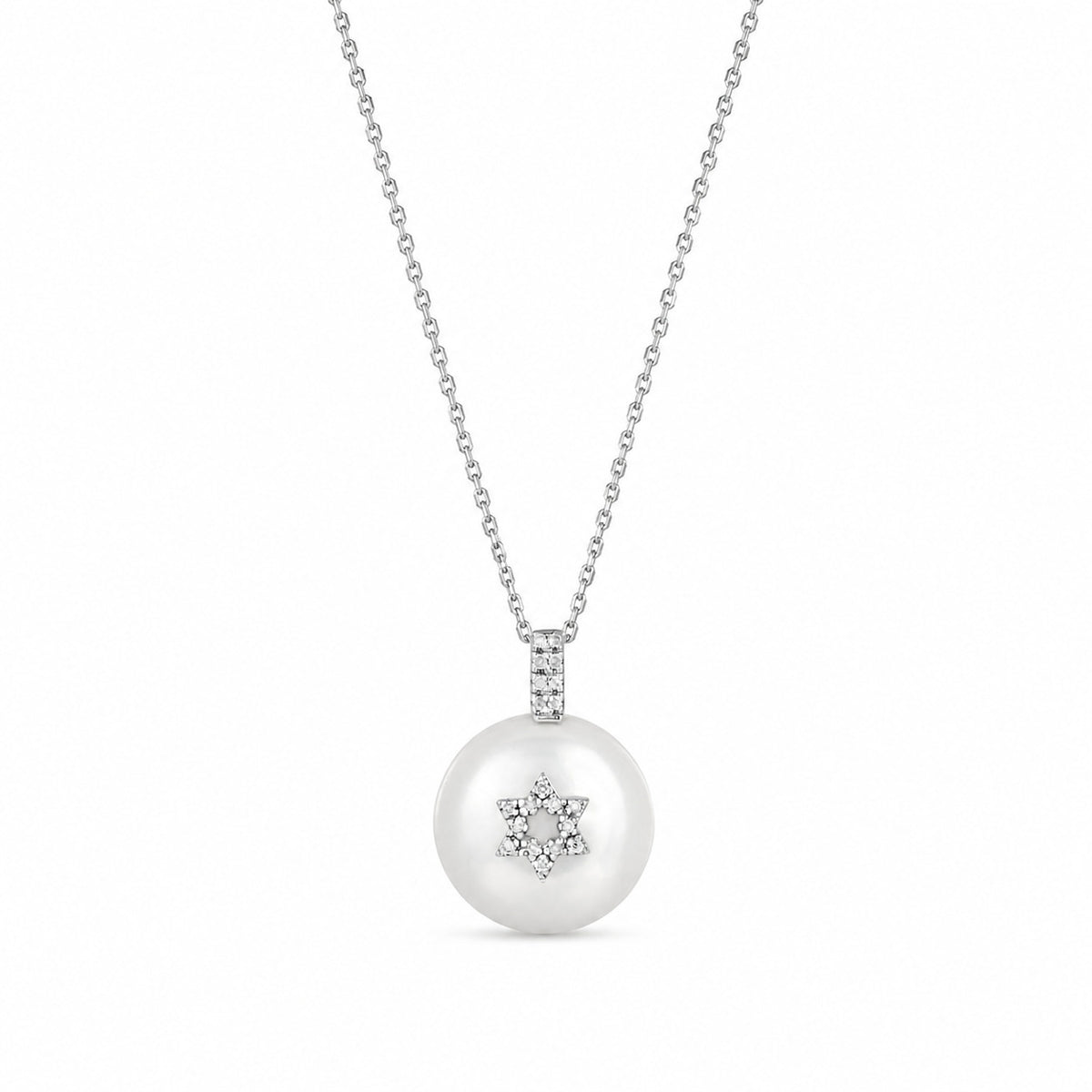 Pearl and Jewish star necklace in polished silver with luminous pearl by Alef Bet