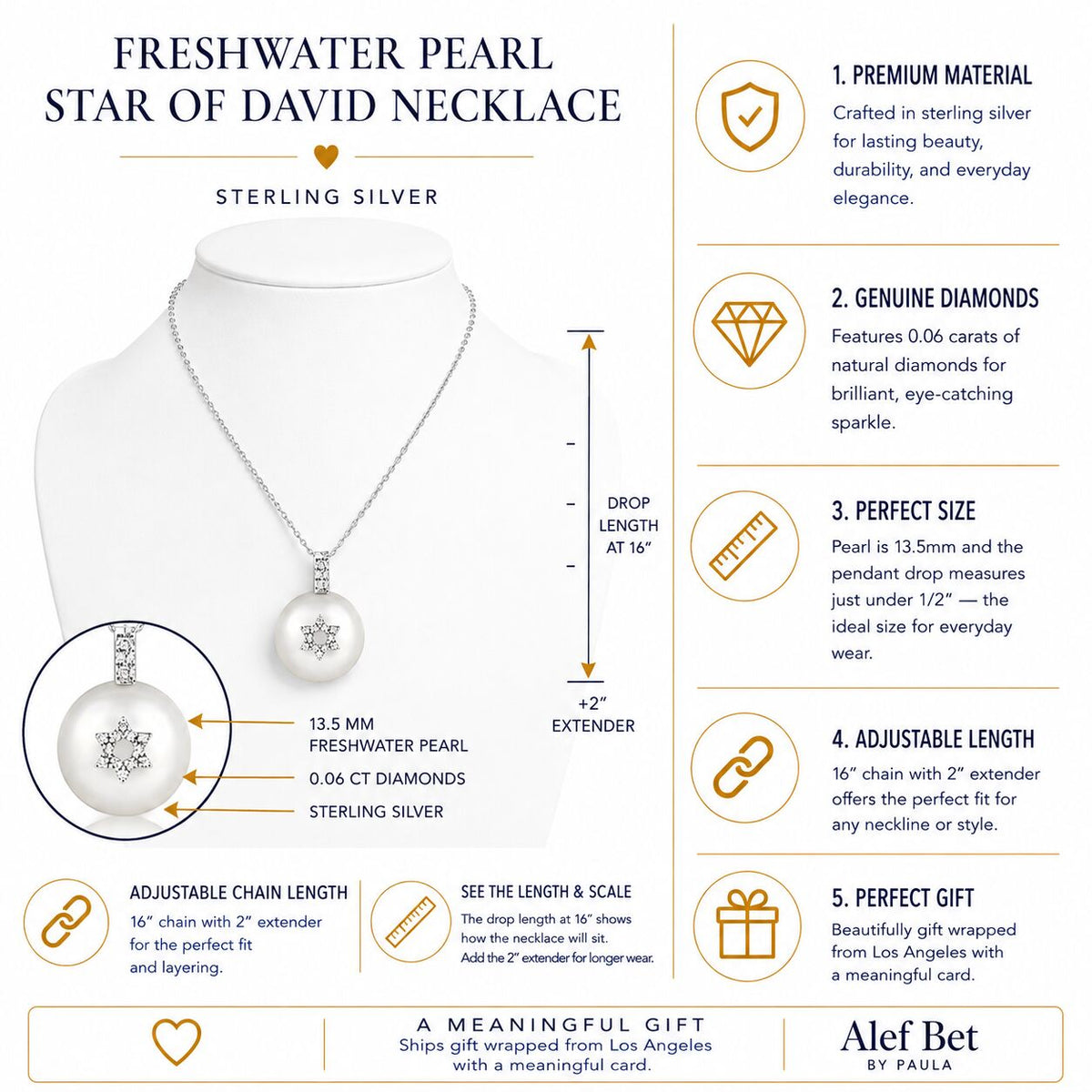 Silver star necklace featuring cream pearl accent charm by Alef Bet