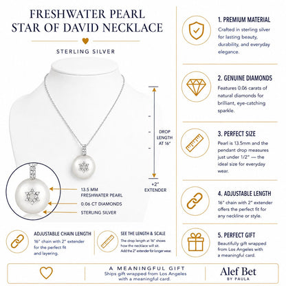 Silver star necklace featuring cream pearl accent charm by Alef Bet