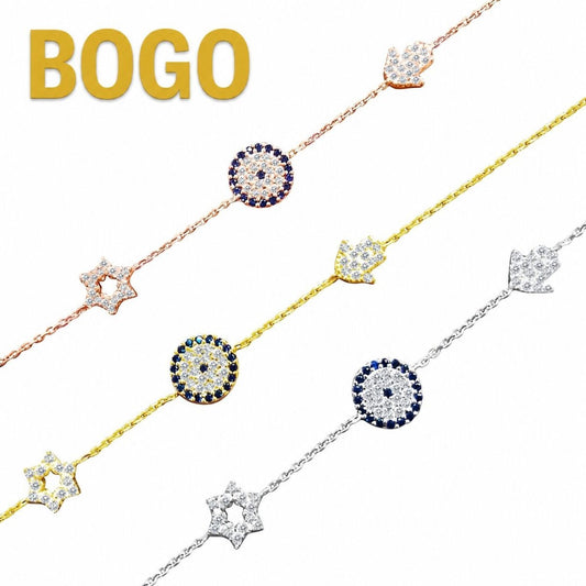 Star of David Hamsa and Evil Eye Bracelet in Gold Plated Sterling Silver | Symbolic Jewish Jewelry