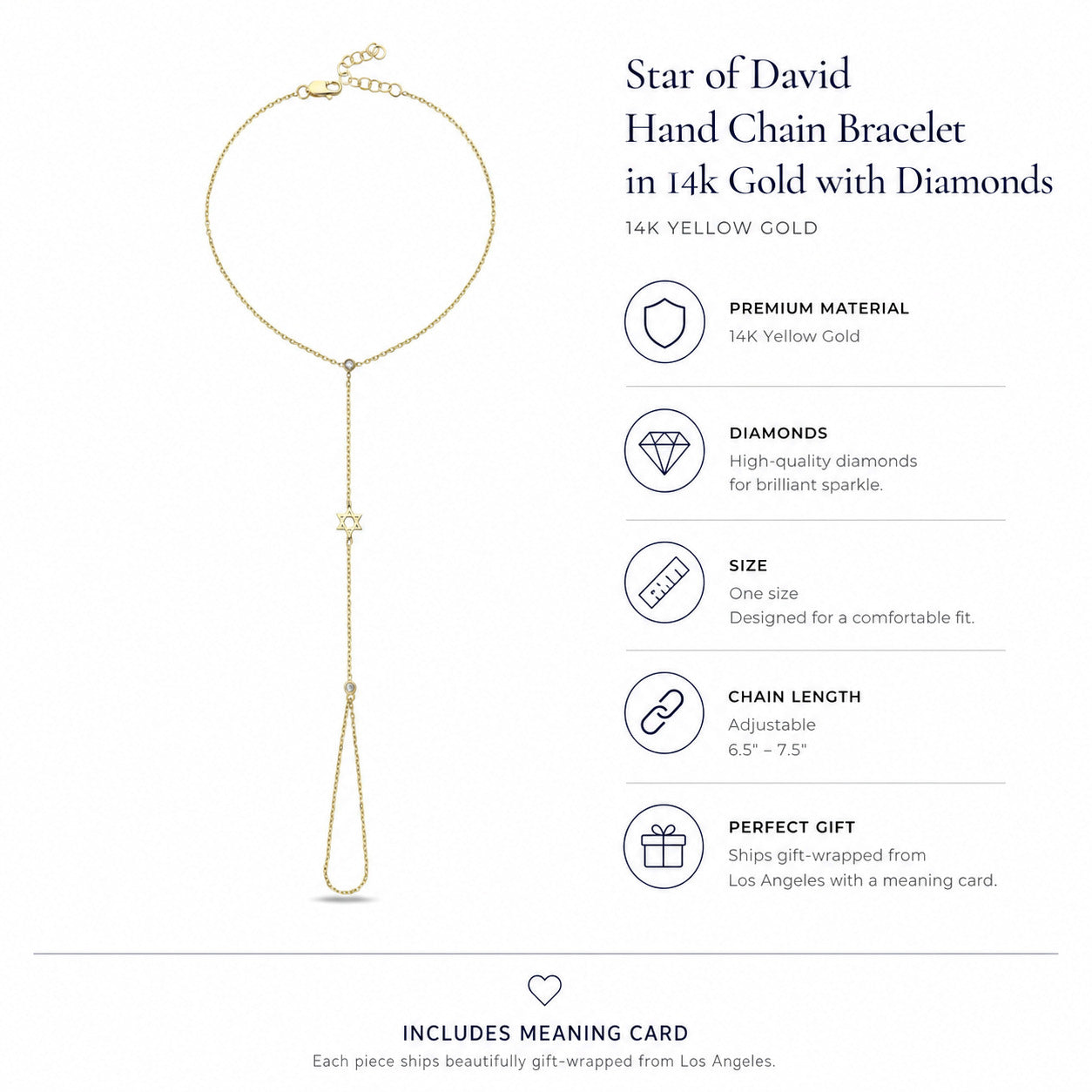 14k gold Star of David hand chain bracelet featuring diamond accents by Alef Bet